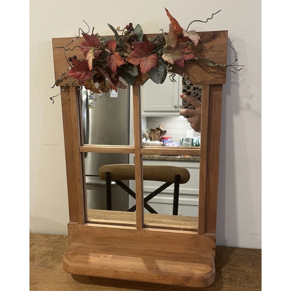 VTG Wood Wall Mirror Shelf Fall Autumn Leaves Berries Primitive Farmhouse Decor